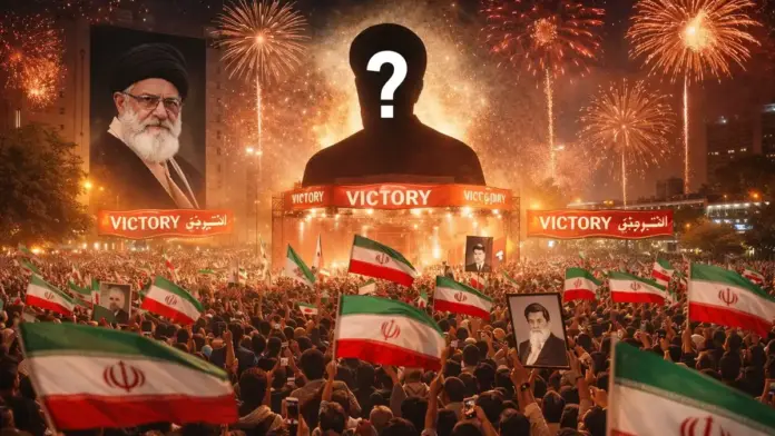 Editorial image of a mass Tehran rally with Iranian flags, victory symbolism, and an absent-leader motif at the center of the scene