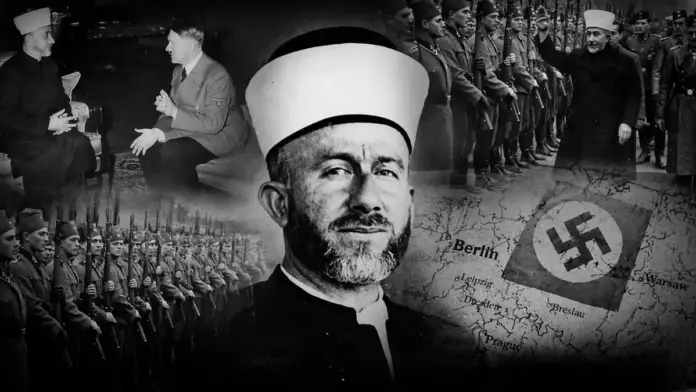 Historical black and white collage showing the Grand Mufti of Jerusalem, his meeting with Hitler, and wartime Nazi military scenes