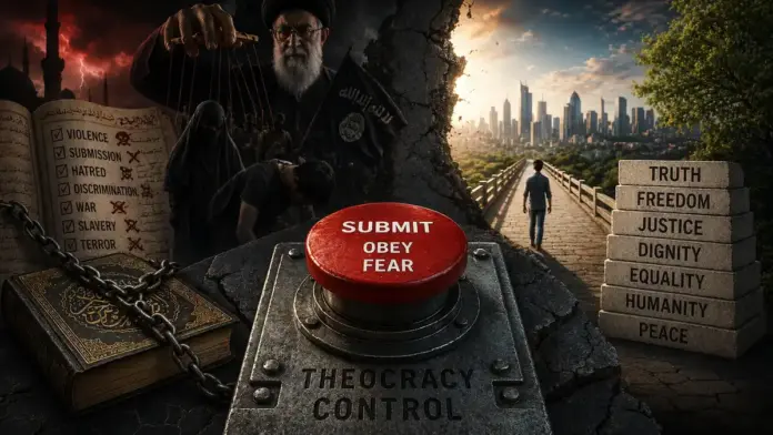 Cinematic featured image showing a red button symbolizing theocratic control, chained Qur’an imagery, and a split path between coercion and truth in a geostrategic analysis of power and religious legitimacy