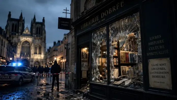 Cinematic image of a vandalized Catholic bookstore in Nantes France with shattered glass and police presence
