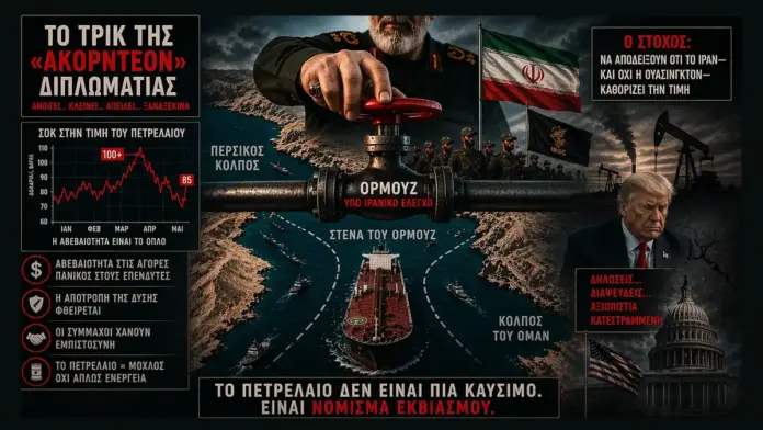 Κινηματογραφική επιλεγμένη εικόνα για τα Στενά του Ορμούζ με βαλβίδα υπό ιρανικό έλεγχο, δεξαμενόπλοιο, διάγραμμα τιμής πετρελαίου και γεωστρατηγικό συμβολισμό αβεβαιότητας και εκβιασμού