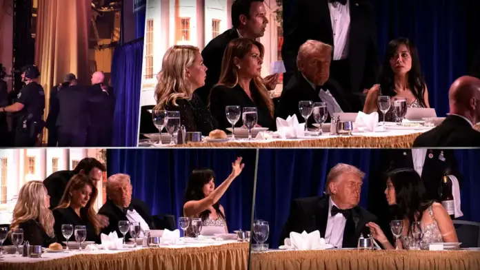 Κολάζ στιγμιότυπων από το δείπνο των ανταποκριτών του Λευκού Οίκου, με τον Donald Trump στην αίθουσα, αντιδράσεις παρευρισκομένων και κινητοποίηση ασφαλείας μετά από πυροβολισμούς