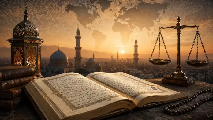 Cinematic featured image of an open Quran with scales of justice, prayer beads, and a Middle Eastern skyline, illustrating analysis of religion, power, law, and interpretation