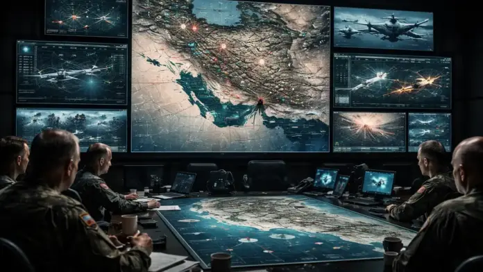 Θεσμική εικόνα κέντρου επιχειρήσεων με στρατηγικούς χάρτες για την κρίση ΗΠΑ και Ιράν