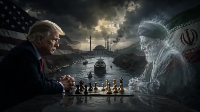 Θεσμική κινηματογραφική εικόνα με τον Τραμπ να παίζει σκάκι απέναντι σε φαντασματική μορφή της Τεχεράνης, με φόντο πυρηνικές εγκαταστάσεις και το Ορμούζ