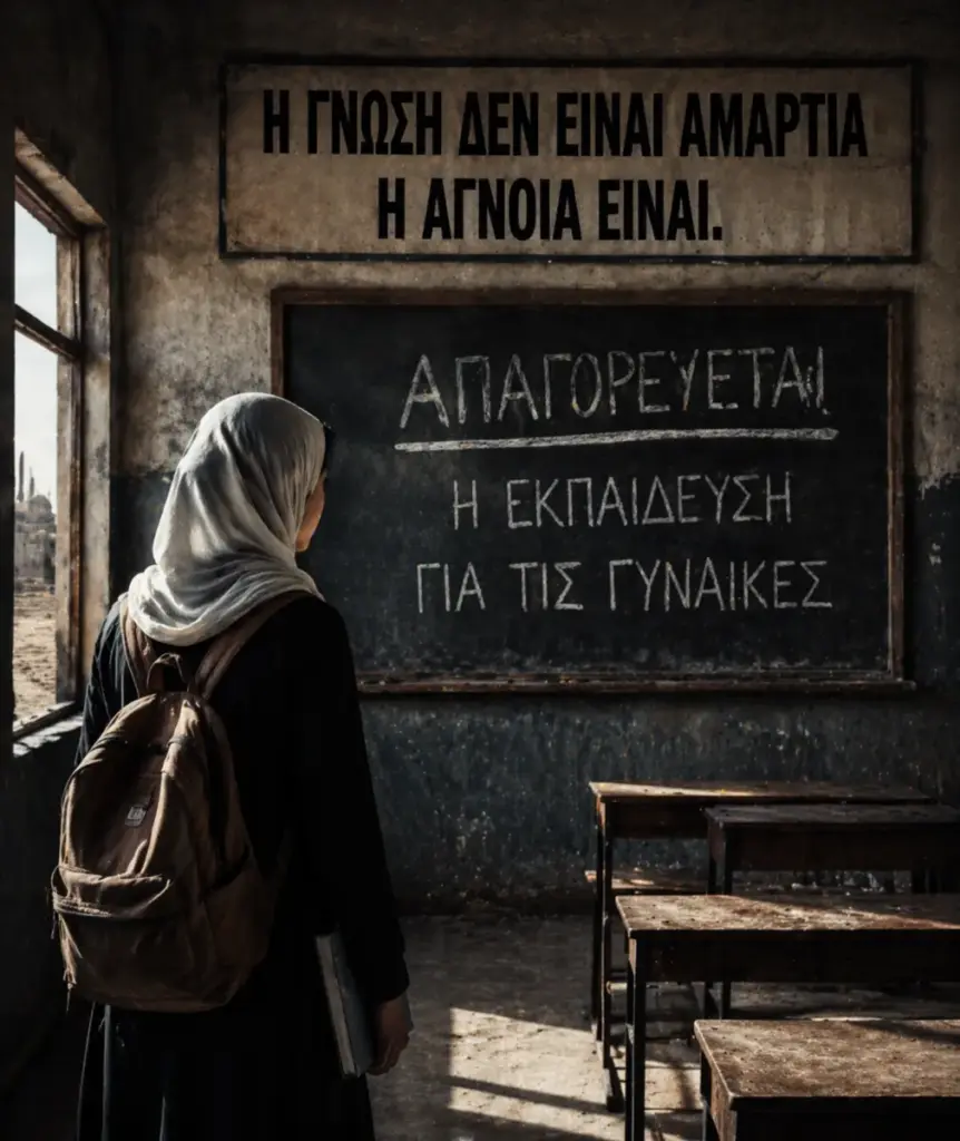 Κορίτσι μπροστά σε πίνακα σε σχολική αίθουσα στο Αφγανιστάν με μήνυμα απαγόρευσης εκπαίδευσης γυναικών από τους Ταλιμπάν