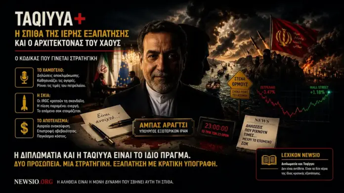 Κινηματογραφική επιλεγμένη εικόνα με τον Abbas Araghchi στο κέντρο, το Ορμούζ, τους Φρουρούς της Επανάστασης και συμβολισμό κρατικής εξαπάτησης, διπλωματίας και γεωστρατηγικής πίεσης