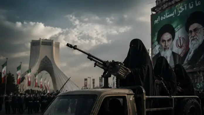 Γυναικείες μορφές με μαύρο chador πάνω σε τζιπ στην Τεχεράνη, σε εικόνα που συνδέεται με καθεστωτική προπαγάνδα και σκηνοθετημένη προβολή ισχύος