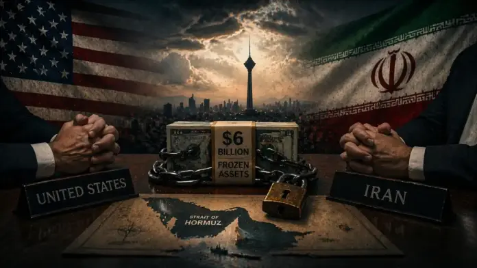 Editorial image showing the U.S. and Iran facing off over frozen assets, with $6 billion symbolism and the Strait of Hormuz at the center of the dispute