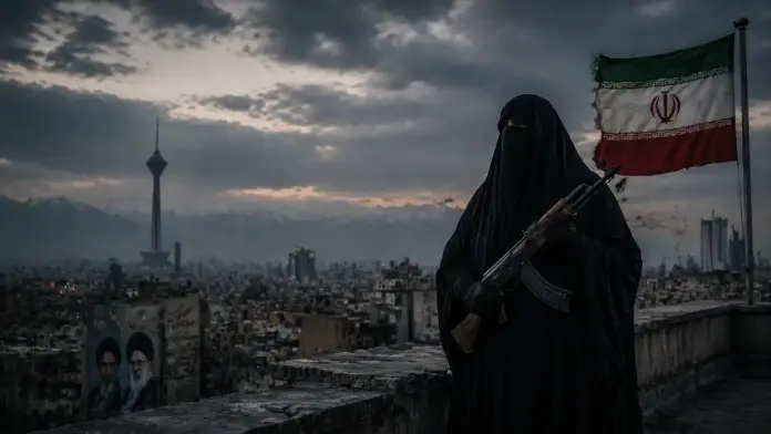 Cinematic featured image of a veiled armed figure holding a Kalashnikov over Tehran, symbolizing regime propaganda, coercive power, and staged political spectacle in Iran