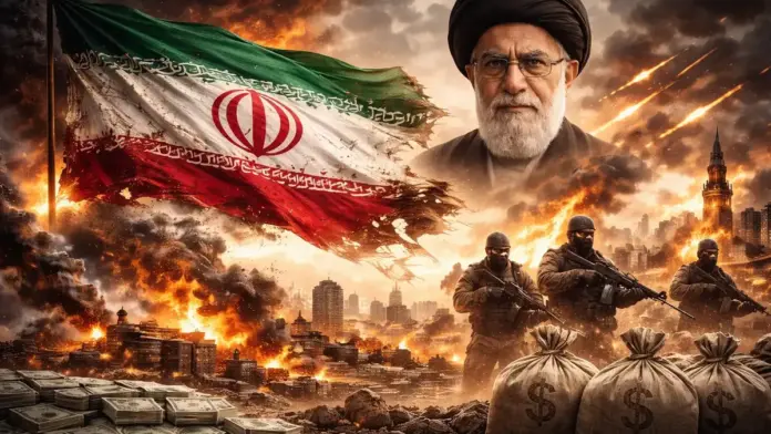 Institutional cinematic image showing the regime in Tehran, money, armed control, and regional destruction in a geopolitical analysis scene