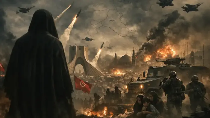 Cinematic institutional image showing the regime in Tehran, urban destruction, and regional war tension for an EN-US geopolitical analysis