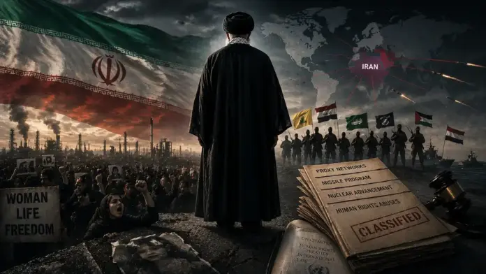 Cinematic editorial image showing Tehran’s regime, regional proxy networks, human rights repression, and global destabilization symbolism