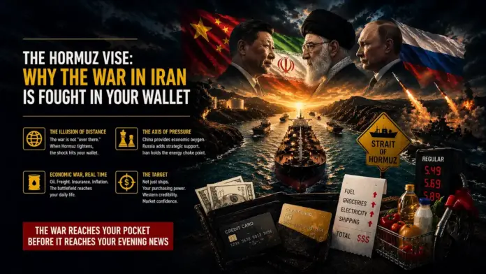 Cinematic featured image showing the Strait of Hormuz as a geopolitical pressure point, with Iran, China, and Russia above the corridor and the economic impact of war reaching fuel, groceries, and household costs