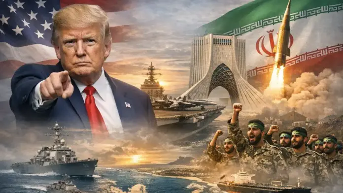 Θεσμική γεωπολιτική εικόνα με τον Ντόναλντ Τραμπ, αμερικανική ναυτική παρουσία και ένταση με το Ιράν στα Στενά του Ορμούζ