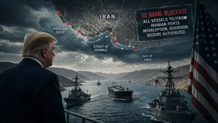 Θεσμική κινηματογραφική εικόνα για το αμερικανικό μπλοκάρισμα προς το Ιράν στα Στενά του Ορμούζ