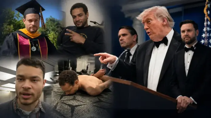 Trump 3-0- Editorial collage showing Donald Trump at a formal White House event alongside images of Cole Tomas Allen before and after his arrest, framing the failed attempt and political violence in America