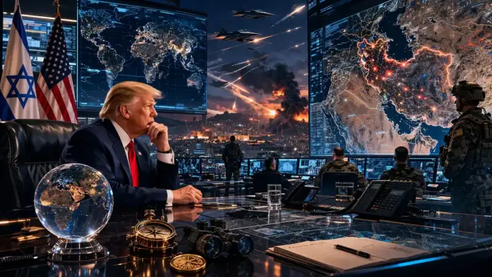 Θεσμική γεωπολιτική εικόνα με τον Ντόναλντ Τραμπ σε περιβάλλον στρατηγικής κρίσης και φόντο στρατιωτική ένταση στη Μέση Ανατολή