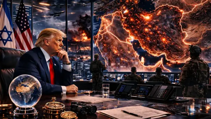 Editorial image of Donald Trump in a high-tech command center during the U.S.-Iran crisis, with military staff and a strategic regional map in the background