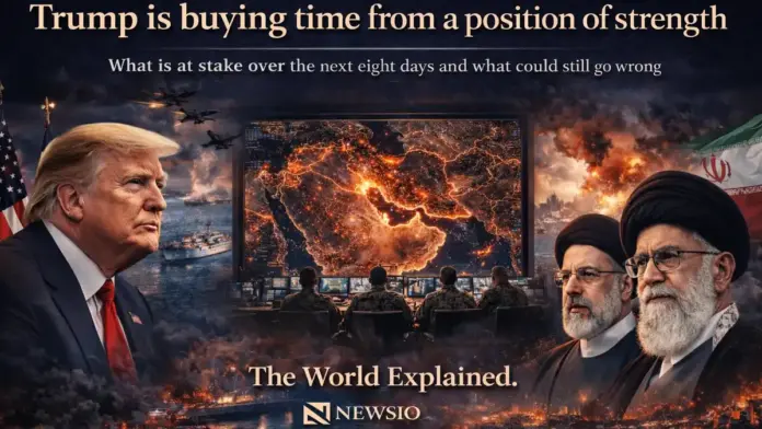 Editorial image showing Donald Trump, a regional command map, and Middle East crisis visuals during a high-stakes U.S.-Iran geopolitical confrontation