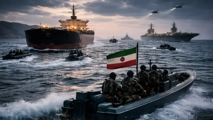 Editorial image of a maritime standoff in the Strait of Hormuz with patrol boats, a tanker, and U.S. naval forces in the background
