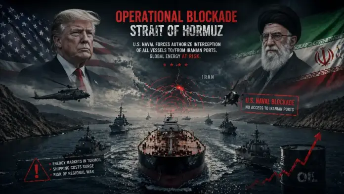 Cinematic geopolitical image of the U.S. blockade targeting Iranian ports near the Strait of Hormuz