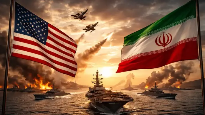 Editorial image showing U.S. and Iranian flags above warships in the Strait of Hormuz during a period of rising geopolitical tension