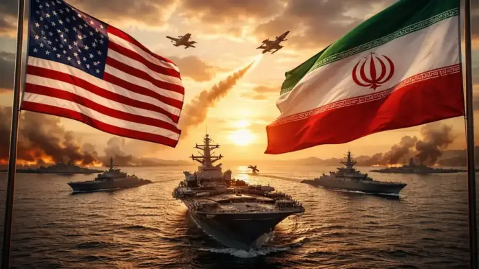 Θεσμική γεωπολιτική εικόνα με σημαίες ΗΠΑ και Ιράν πάνω από πολεμικά πλοία στα Στενά του Ορμούζ