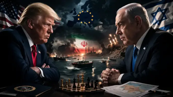 Strong institutional geopolitical image of Donald Trump and Benjamin Netanyahu against a backdrop of U.S., European, Israeli, and Iranian tension