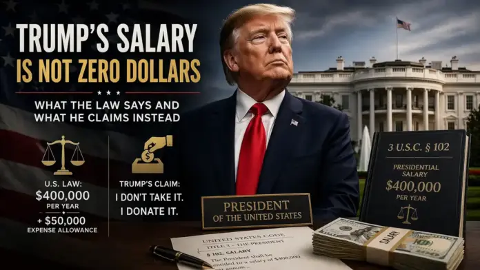 Editorial image of Donald Trump in front of the White House with legal and financial symbols about the U.S. presidential salary