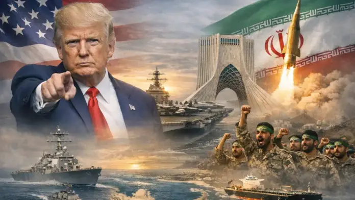 Editorial image showing Donald Trump, U.S. naval presence, and Iranian military symbolism during the U.S.-Iran crisis around the Strait of Hormuz