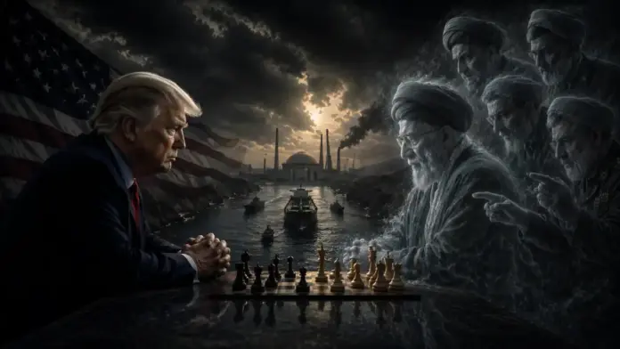 Cinematic editorial image of a U.S.-Iran standoff shown as a chess match, with Trump facing ghostlike Iranian figures across the board during a failed negotiation