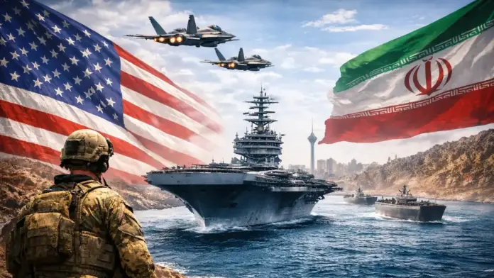 Editorial image showing U.S. military presence in the Strait of Hormuz with an aircraft carrier, fighter jets, and regional tension in the background
