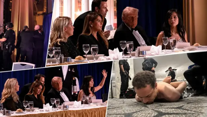 Collage showing scenes from the White House Correspondents’ Dinner shooting incident, including Donald Trump at the event, security response, and the suspect restrained by officers
