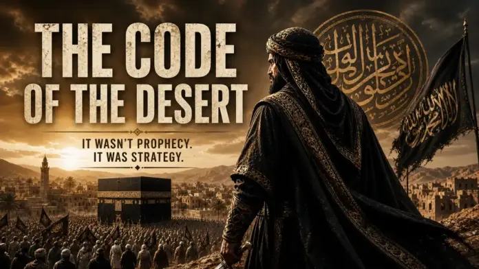 Cinematic desert scene showing a powerful historical ruler overlooking Mecca, with the title The Code of the Desert and a focus on political Islam, authority, and strategy.