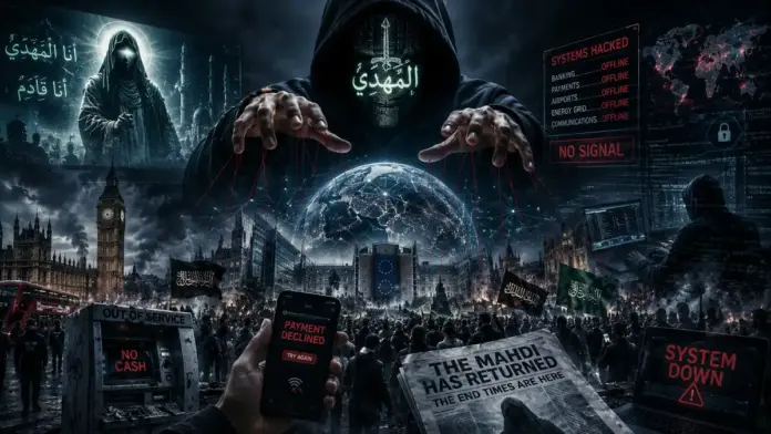 Cinematic cyberwarfare image showing a hooded digital puppet-master, hacked systems, payment failures, European institutions, crowds, propaganda screens, and a Cyber-Mahdi hybrid war scenario.