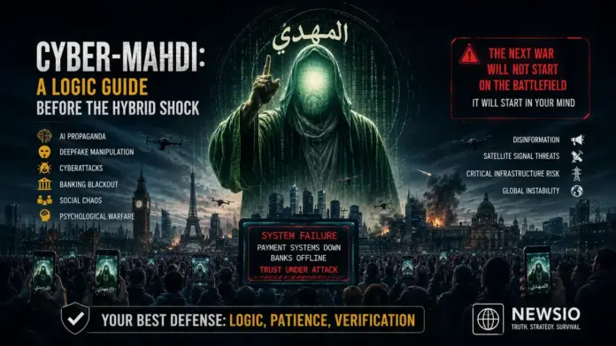 Cinematic cybersecurity image showing a Cyber-Mahdi hybrid shock scenario, with AI propaganda, deepfake manipulation, banking failure alerts, European cities, drones, satellite signal threats, and citizens facing digital deception.