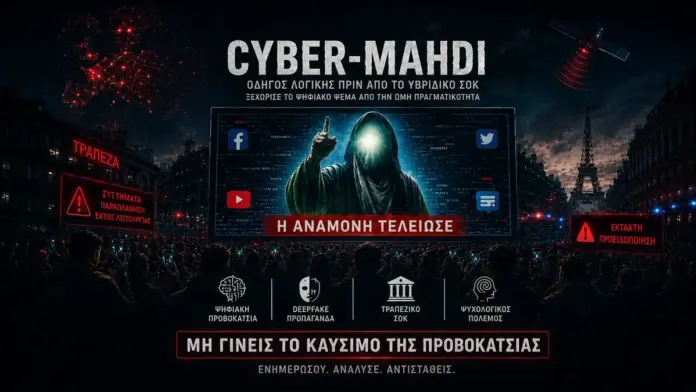 Κινηματογραφική εικόνα για το άρθρο Cyber-Mahdi, με τεράστια ψηφιακή οθόνη, μορφή AI προβοκάτσιας, πλήθος σε ευρωπαϊκή πόλη, προειδοποιήσεις κυβερνοκρίσης και μήνυμα κατά της ψηφιακής χειραγώγησης.