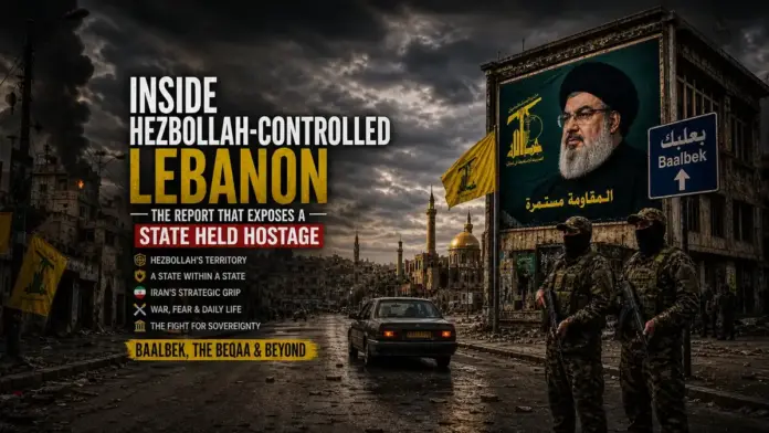 War-torn road in Baalbek, Lebanon with Hezbollah posters, yellow flags, armed fighters, and headline text about a state held hostage by Hezbollah’s power.