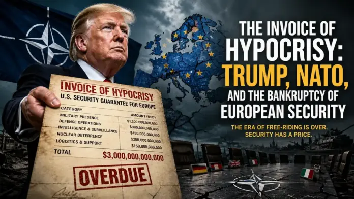 Donald Trump holding a symbolic NATO security invoice beside a fractured map of Europe, illustrating the cost of European security and the burden-sharing crisis inside the alliance.