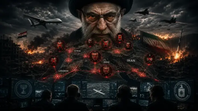 Cinematic war-room image showing the Iran axis under command pressure, with a Middle East battle map, drones, targeted command nodes, Iran, Syria, Iraq, Lebanon, and intelligence monitors.