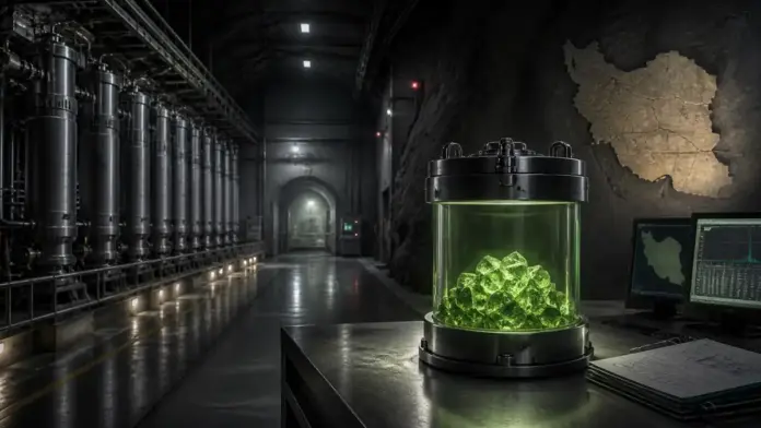 Glowing uranium material in a secure containment vessel inside an underground nuclear facility, symbolizing Iran’s nuclear threshold and enrichment risk.