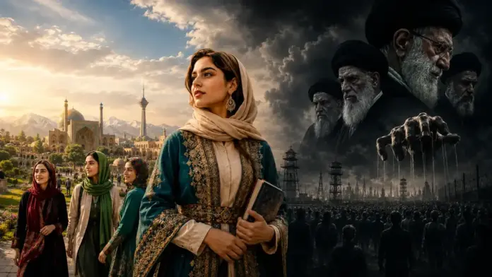 Iranian women in traditional clothing stand in a bright cultural landscape while dark clerical figures loom over a divided scene, symbolizing the Iranian people beyond the Tehran regime.
