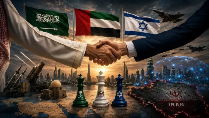 Symbolic image of Saudi Arabia, the UAE, and Israel moving toward strategic alignment against Iran, with flags, chess pieces, air defense systems, fighter jets, and a futuristic Middle East skyline.
