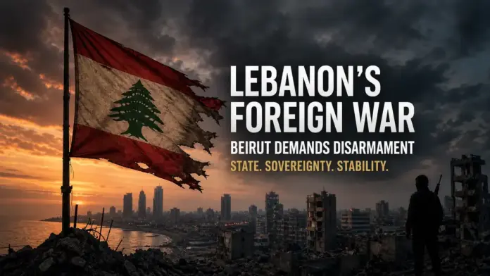 Torn Lebanese flag above a damaged Beirut skyline with safe headline text reading Lebanon’s Foreign War, symbolizing Lebanon’s demand for state sovereignty and Hezbollah disarmament.