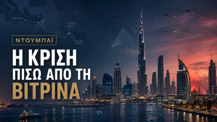 Κινηματογραφική επιλεγμένη εικόνα με τον ορίζοντα του Ντουμπάι, τον Burj Khalifa, χάρτη του Περσικού Κόλπου, ενδείξεις drones και γεωστρατηγικά overlays, που αποτυπώνει την κρίση πίσω από τη βιτρίνα της ασφάλειας.