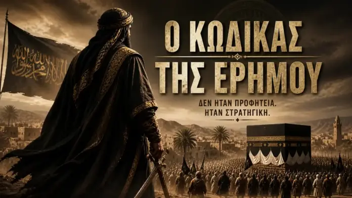 Κινηματογραφική απεικόνιση ιστορικού άρχοντα της ερήμου μπροστά από τη Μέκκα, με τίτλο «Ο Κώδικας της Ερήμου» και έμφαση στη στρατηγική διάσταση της εξουσίας.
