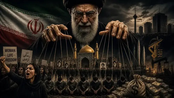 Dark cinematic image of an Iranian theocratic figure controlling symbols of state power, protest, security forces, oil, and money, representing theocracy in Iran as a machine of political control.