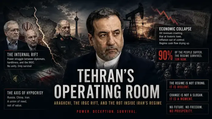 Institutional featured image for a geostrategic analysis on Tehran’s operating room, showing Abbas Araghchi, the IRGC rift, Iran’s economic collapse, social pressure, and regime survival