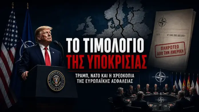 Ο Ντόναλντ Τραμπ σε σκηνικό ΝΑΤΟ, με ραγισμένο χάρτη της Ευρώπης και τιμολόγιο ασφαλείας, συμβολίζοντας την κρίση της ευρωπαϊκής άμυνας και το κόστος της αμερικανικής προστασίας.
